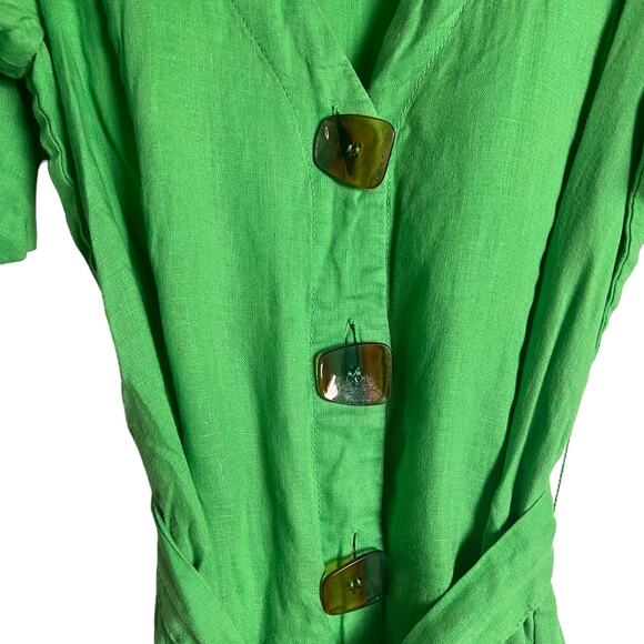 Nicholas Troy Green Linen Button Front Tie Waist Short Sleeve Dress Size 4 - Picture 9 of 12